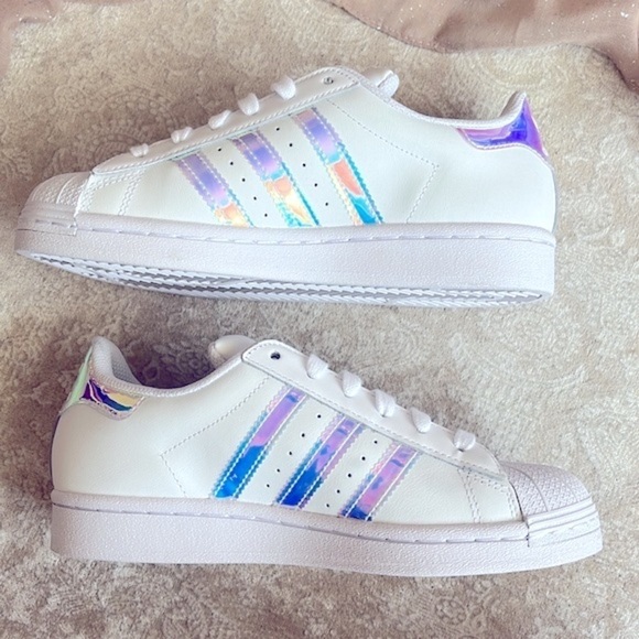 Brand New Adidas Originals Superstar White Lace Up Sneakers Iridescent 3-Stripe - Picture 6 of 16